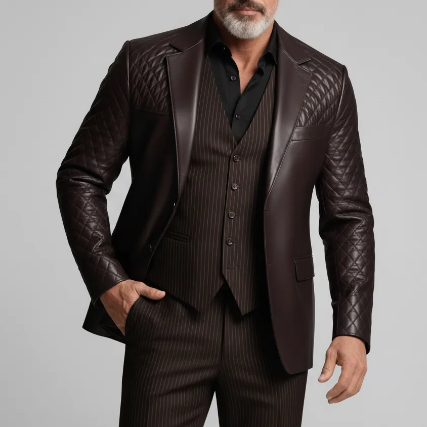 Men's Business Coffee Notch Lapel Quilted Long Sleeve Button PU Leather Blazer