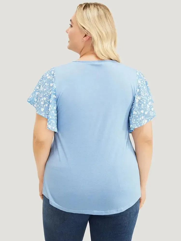 Ditsy Floral Ruffle Sleeve Round Neck T-shirt