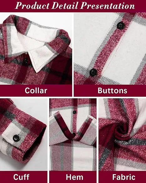 Women's Casual Shacket Jacket Plaid Shirts Flannel Blouses Button-Down Shirts