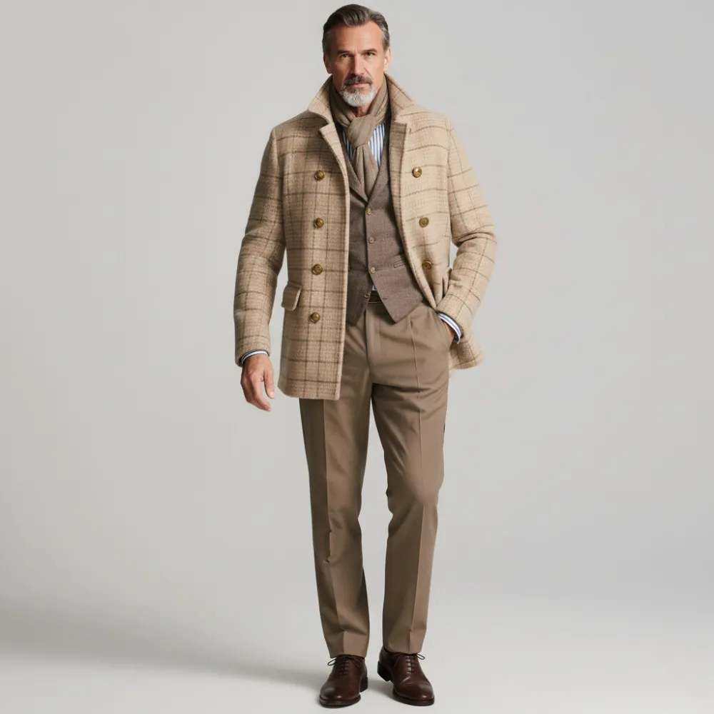 Men's Beige Plaid Turndown Collar Double Breasted Long Sleeve Coat