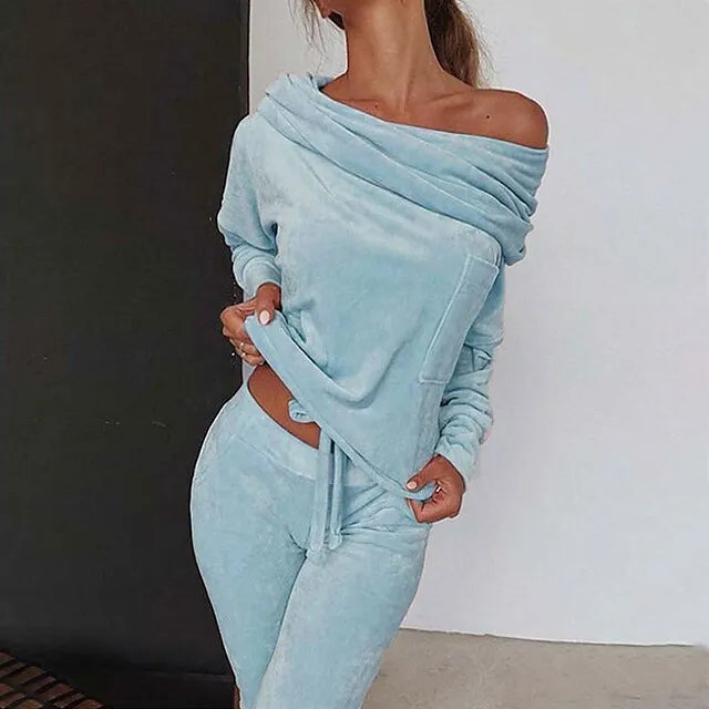 Women's Shirt Pants Sets Velvet Casual Daily Elegant Fashion Streetwear Long Sleeve Off Shoulder Black Fall & Winter