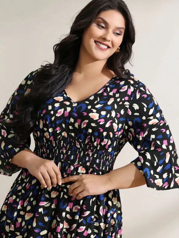 Leopard Print Shirred Waist V-Neck Midi Dress