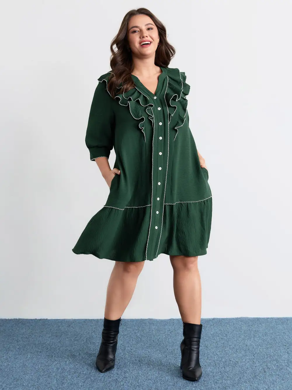 Ruffled Neck Tiered Button Knee-Length Dress