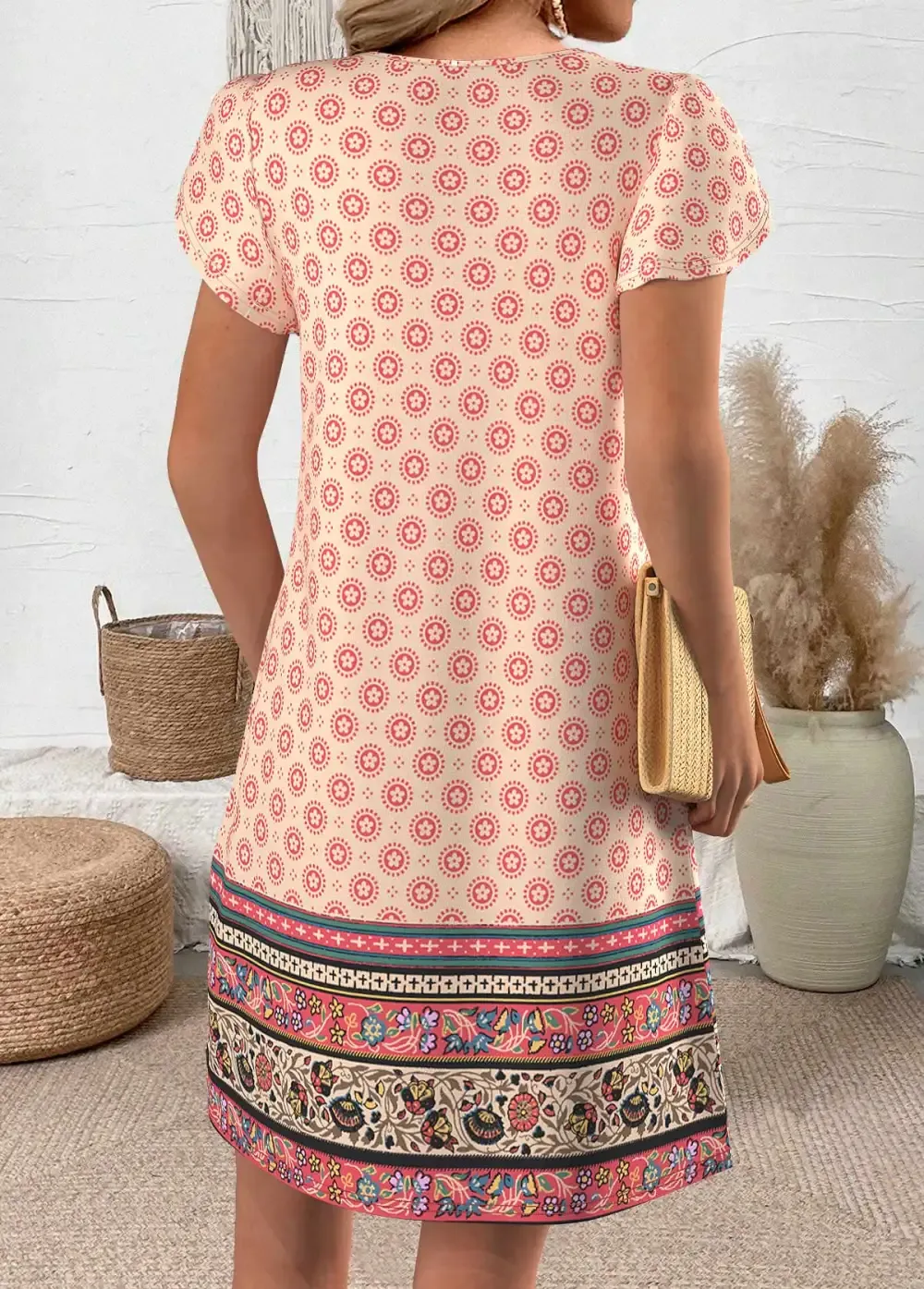 Multi Color Random Floral Print Short Split Neck Dress