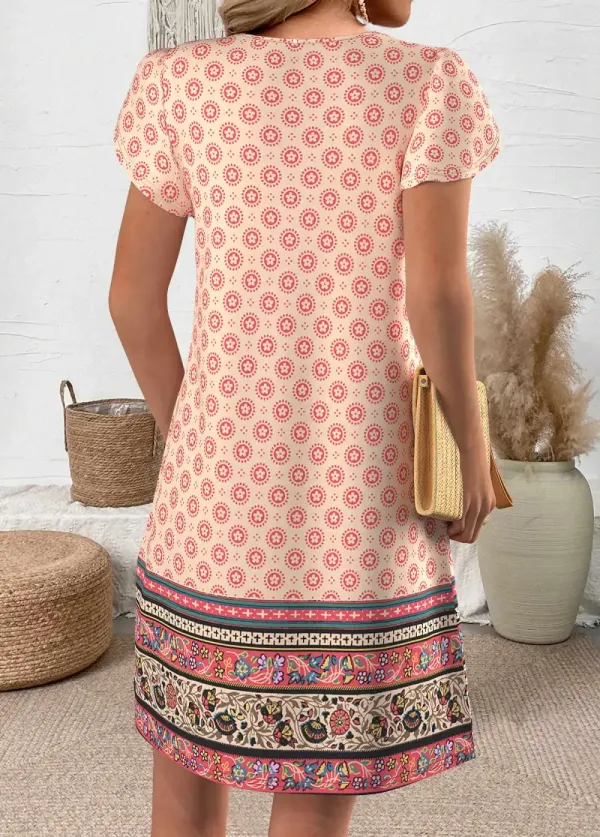 Multi Color Random Floral Print Short Split Neck Dress