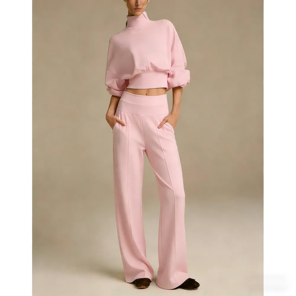 Turtleneck Puff-Sleeve Crop Top & Wide-Leg Pants Set