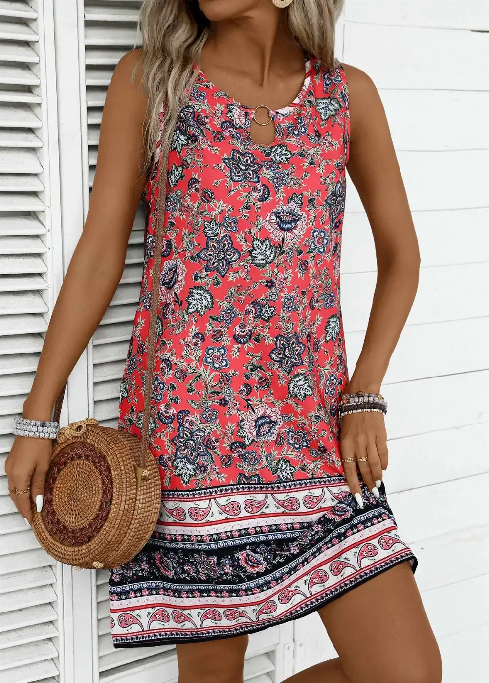 Coral Circular Ring Tribal Print Sleeveless Round Neck Dress