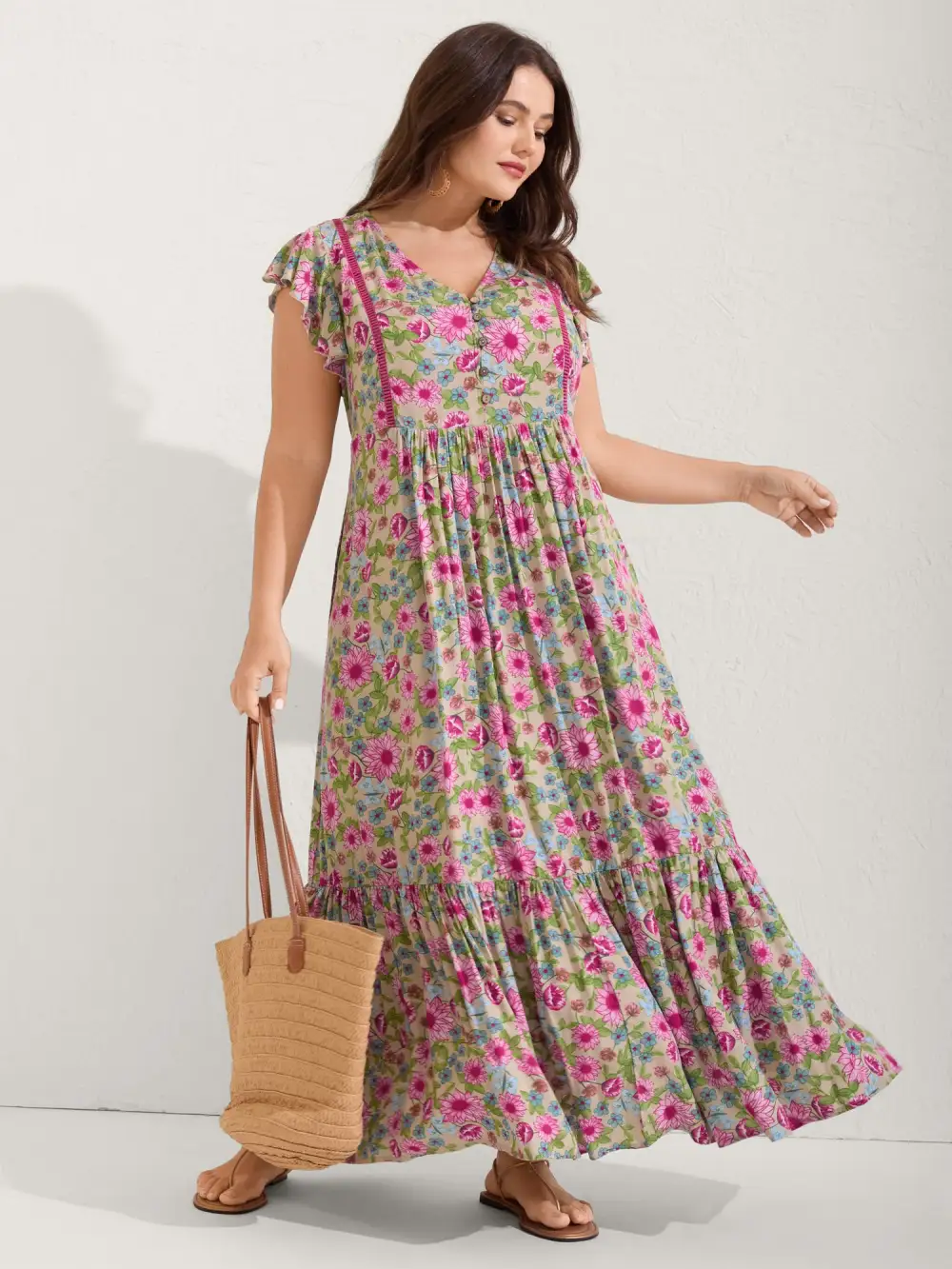 Sweet Floral Lace Trim Tiered Maxi Dress