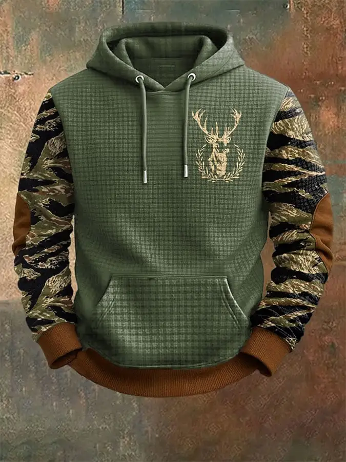 Men's Vintage Western Elk Print Jacquard Hoodie