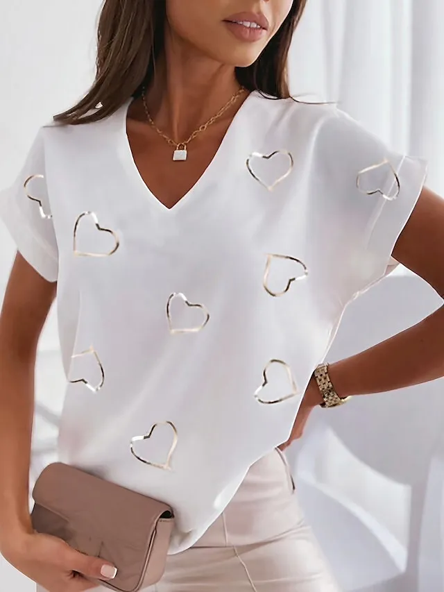 Women's T shirt Tee Color Block Heart Feather Dolman Sleeve Silver Black White Print Short Sleeve Daily Weekend Basic V Neck Regular Fit