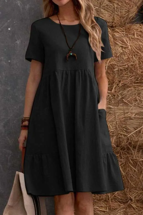 Solid Pocket Design Short Sleeve Linen Dress