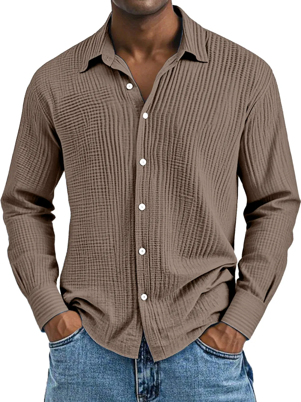 Men's Daily Casual Solid Color Pure Cotton Pleated Texture Long-sleeved Shirt