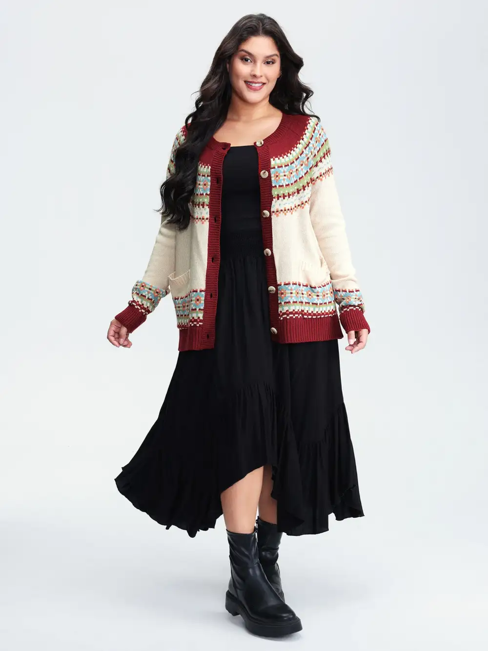 Fair Isle Button-Front Pockets Cardigan