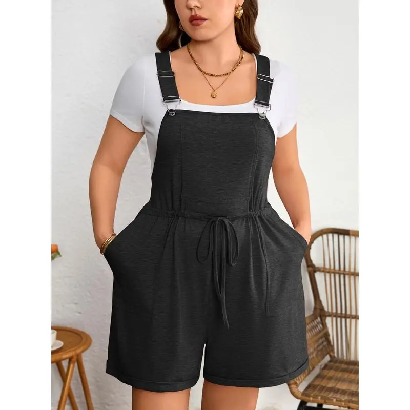 Women's Plus Size Drawstring Romper – Sleeveless Casual Jumpsuit with Pockets