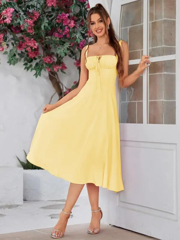 Women's Plain Dress, Lace Up Dress, Party Dress, Tie Front Dress, Elegant Square Neck Midi Dress