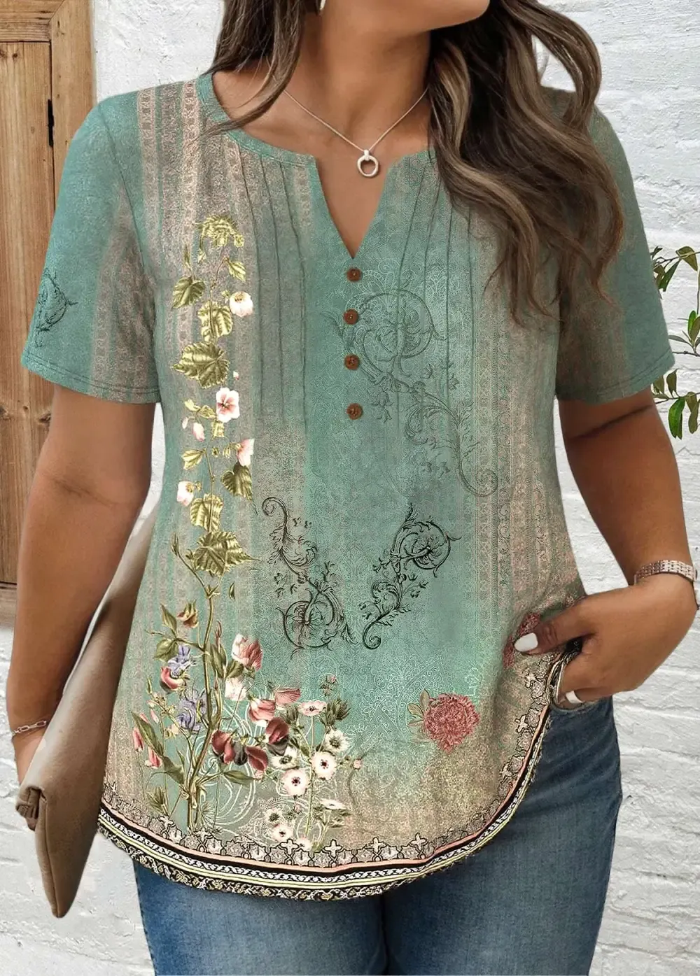 Sage Green Tuck Stitch Random Floral Print T Shirt