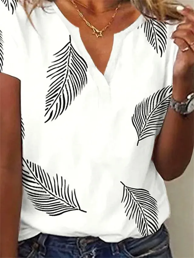 Women's T shirt Tee Henley Shirt Leaf Holiday Weekend White Pink Navy Blue Print Short Sleeve Basic V Neck Regular Fit