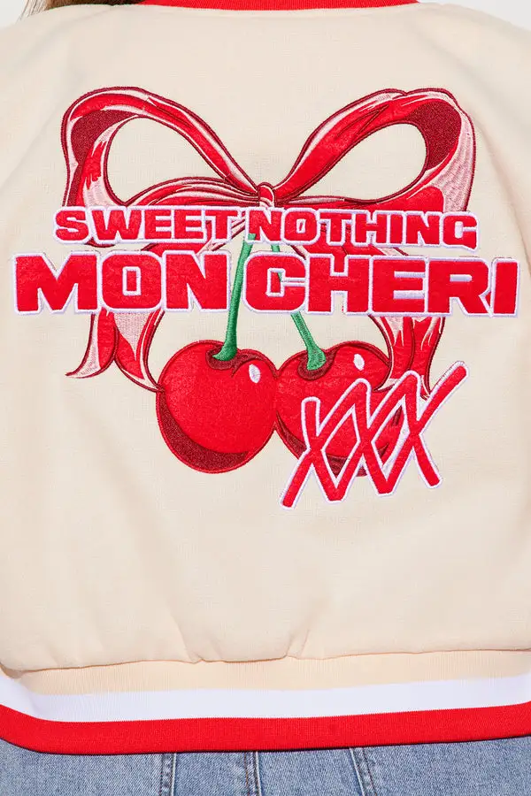 Mon Cheri Cropped Varsity Jacket - Taupe/combo