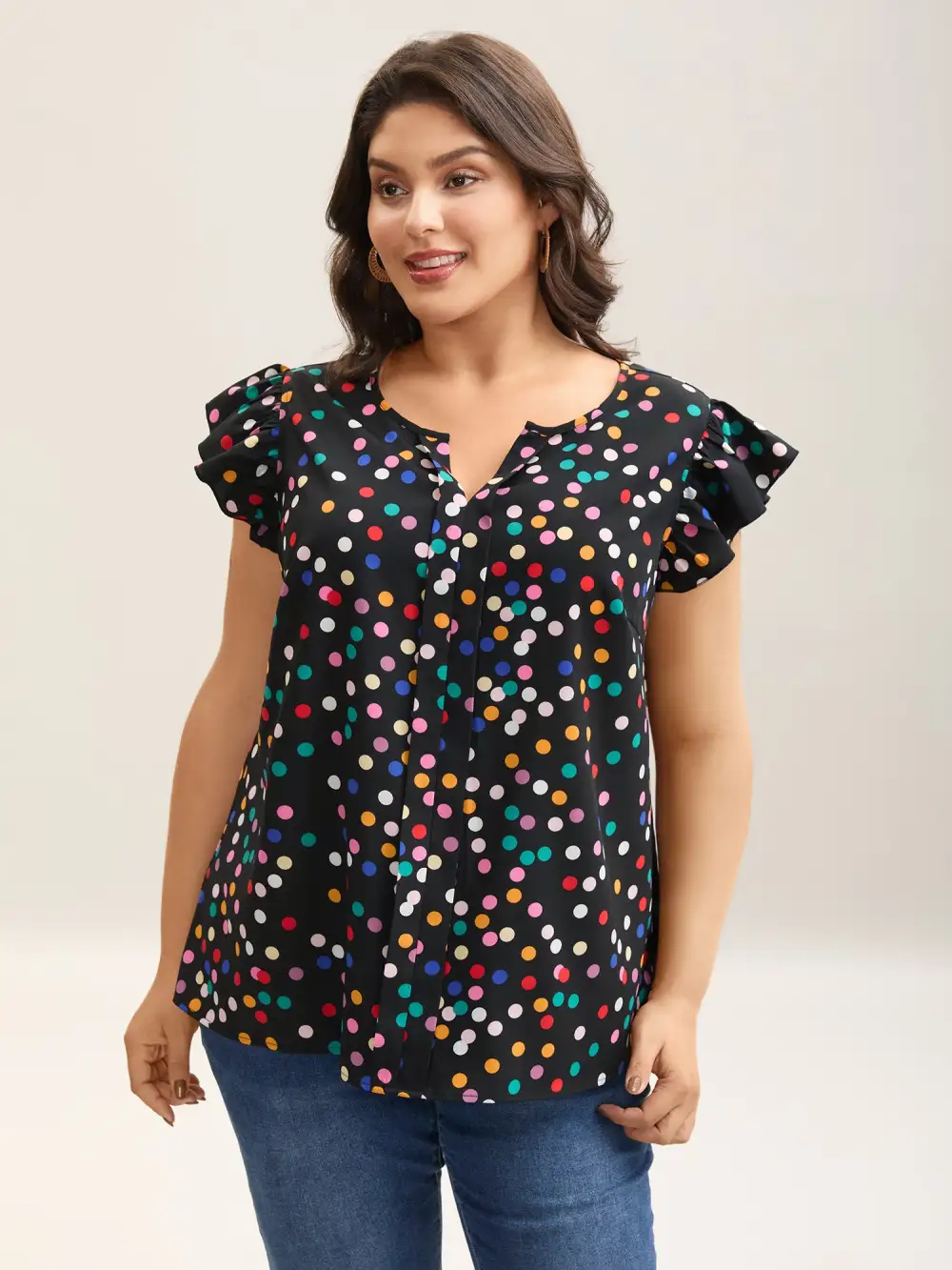 Polka Dot Flutter Sleeve Blouse