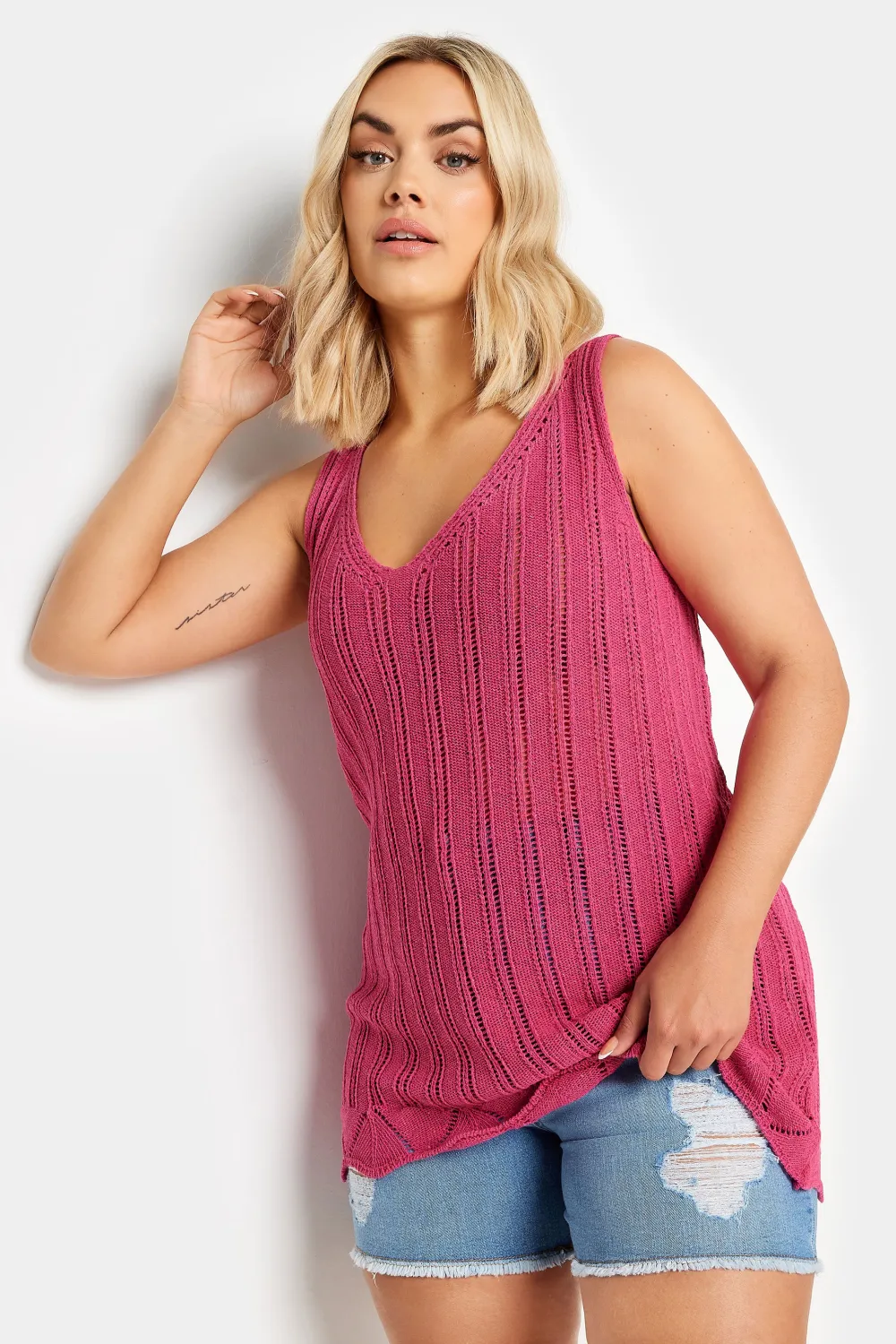 YOURS Curve Green Crochet Knitted Vest Top