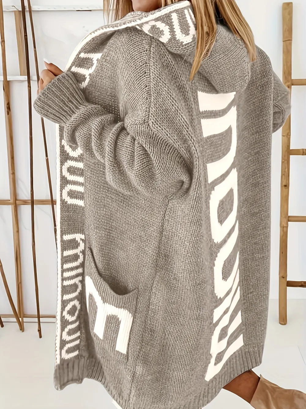 Chic Alphabet Hooded Cardigan - Durable, Cozy Knit Sweater with Pockets, Ideal for Fall/Winter, Casual Women's Wear