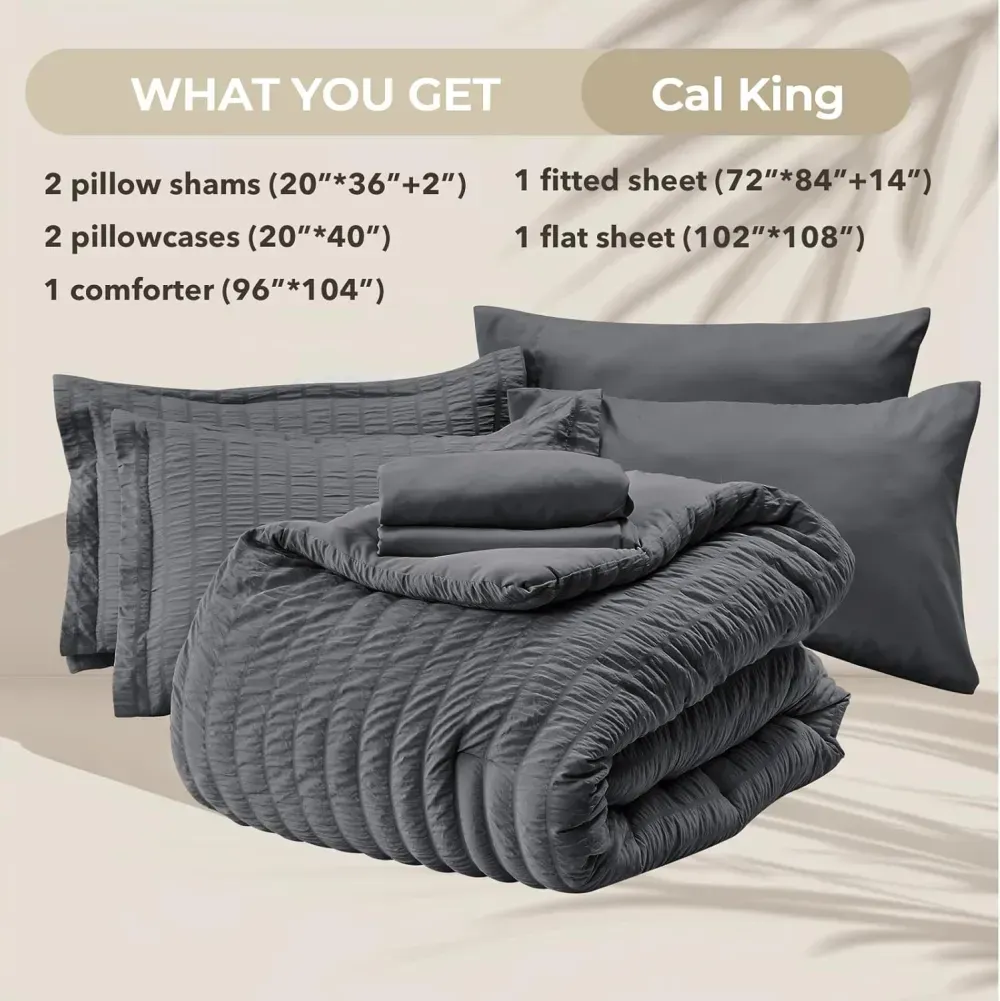 Queen Comforter Set Seersucker 7 Pieces, All Season Luxury Bed in a Bag for Bedroom, Bedding Set with Comforters, Sheets, Pillowcases & Shams, Dark Grey