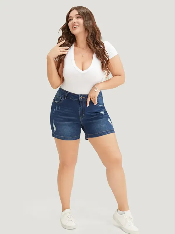 Moderately Stretchy High Rise Dark Wash Distressed Denim Shorts