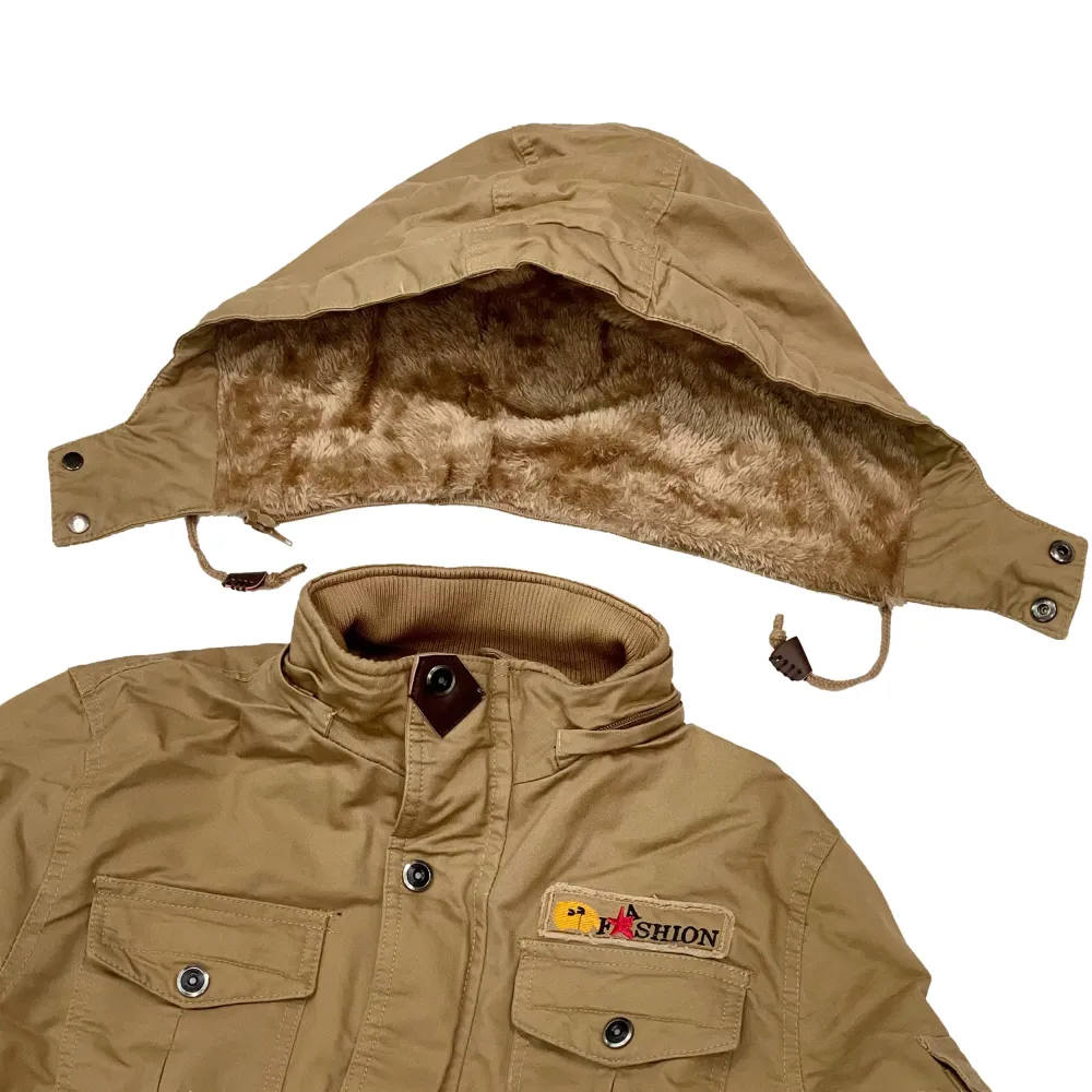 Men's Outdoor Plus Fleece Warm Hooded Multi-Pocket Mid-Length Thick Jacket