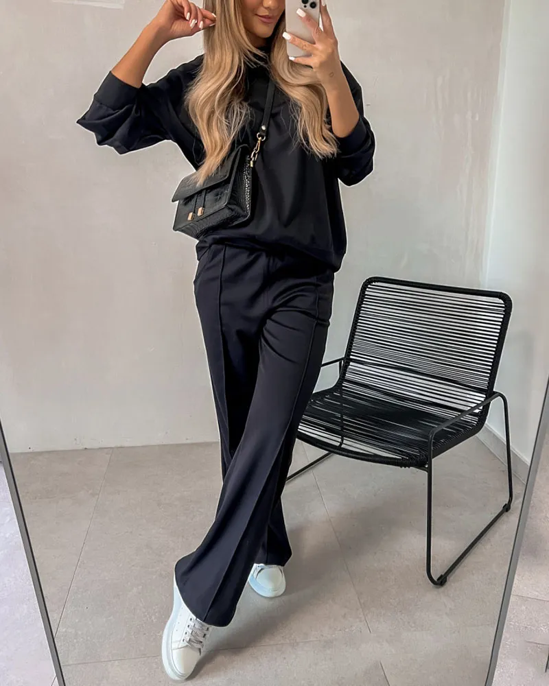 Chic Cuff Solid Color Casual Two-Piece Set