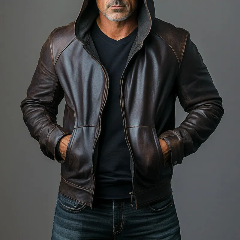 Men's PU Leather Slant Pocket Zipper Long Sleeve Hooded Jacket