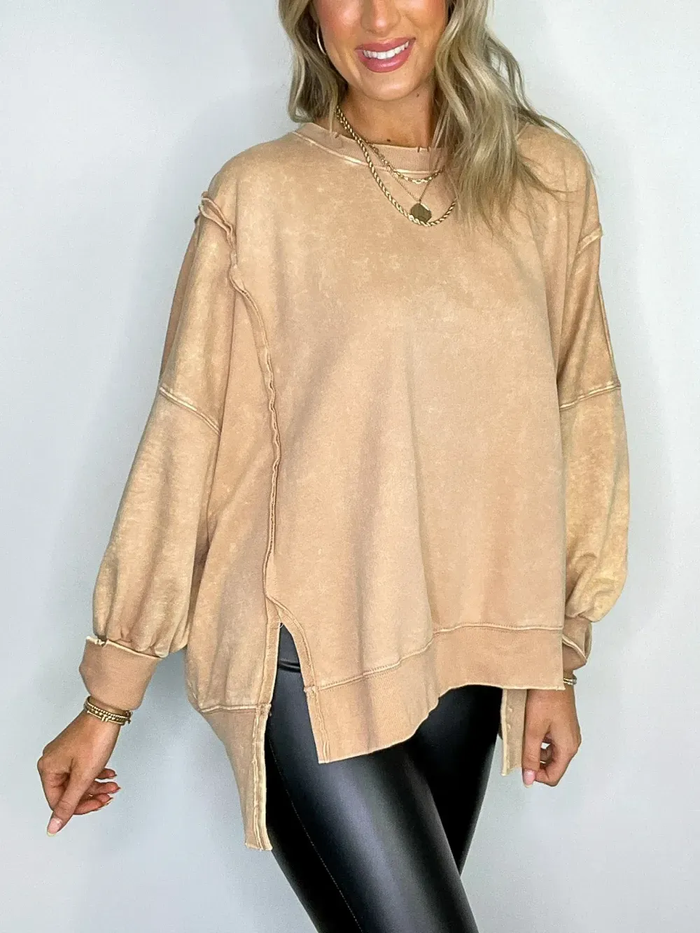 ✨Womens Acid Wash Split Cuff Oversized Crew Pullover