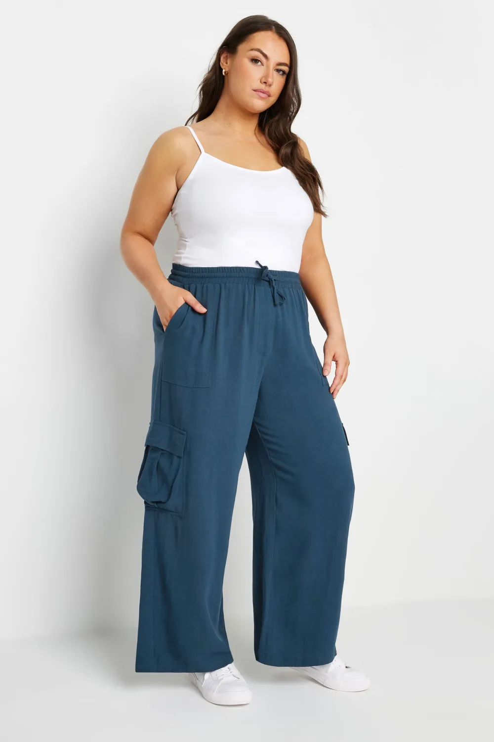 YOURS Curve Khaki Green Linen Look Cargo Trousers