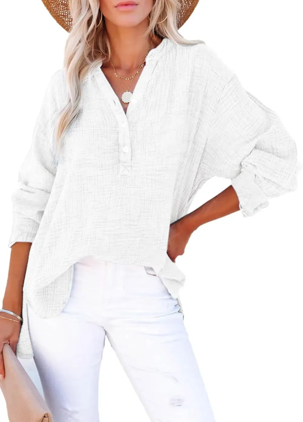 ✨Womens Casual Gauze Button Neck Long Sleeve Oversized BlousesTops