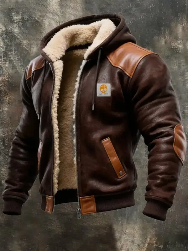 Men's Vintage Suede and Leather Hooded Warm Jacket