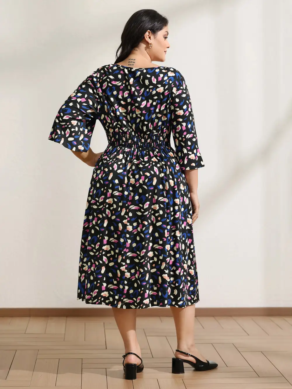 Leopard Print Shirred Waist V-Neck Midi Dress