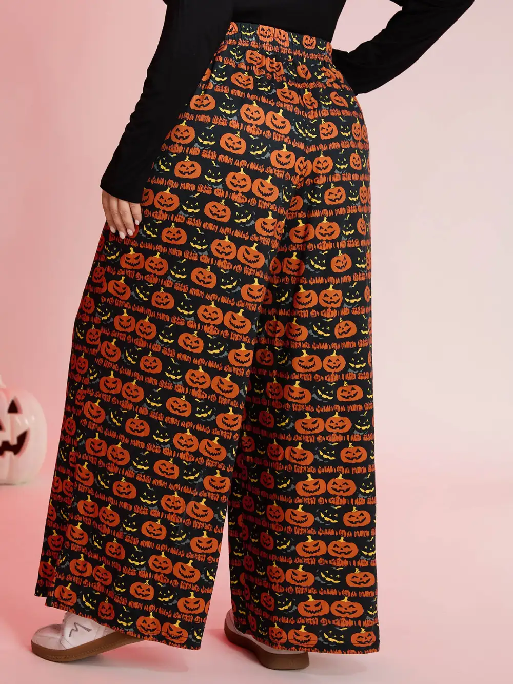 Spooky Pumpkin Elastic Waistband Wide-Leg Pants