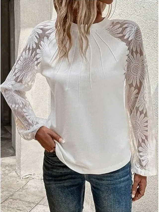 Women's Blouse Textured Ribbed Solid Color Eyelet Daily Elegant Stylish Puff Sleeve Long Sleeve