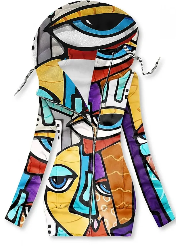 Women's Zip Hoodie Sweatshirt Streetwear Zip Up Black Yellow Light Green Floral Geometric Butterfly Street Casual Hoodie Long Sleeve Top Micro-elastic Fall & Winter