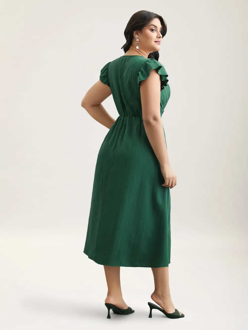 Lace Trim Stitch Textured Waist-Defined Midi Dress