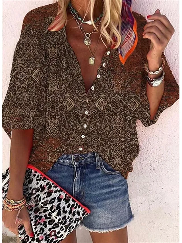 Women's Shirt Blouse Pink Red Blue Graphic Button Print Long Sleeve Casual Basic V Neck Regular Fit Spring Fall
