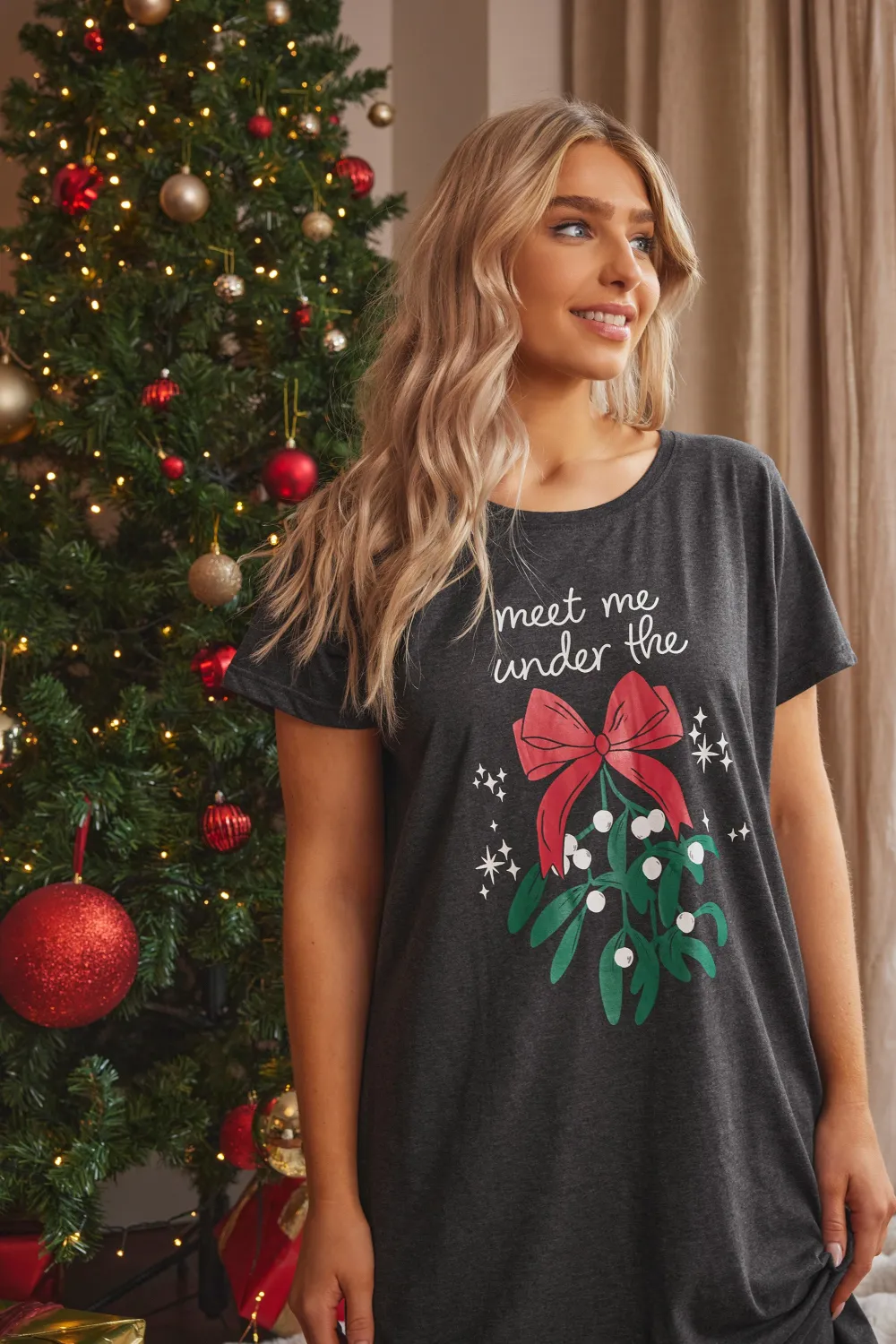 M&Co Black Cotton Christmas Mistletoe Print Nightdress