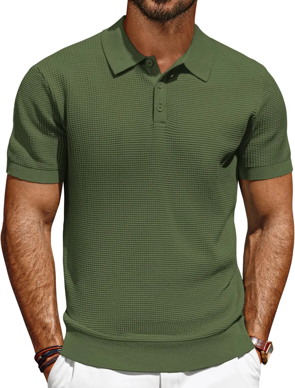 Knit Polo Shirts for Men Casual Short Sleeve Waffle Texture Polo Golf Shirt