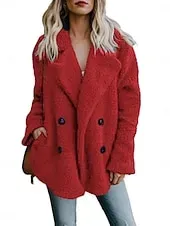 Women's Teddy Coat Comfortable Breathable Buttons Casual Plain Vacation Street Casual Daily Wear Double Breasted Regular Turndown Regular Fit Long Sleeve Outerwear White Red Dark Grey Spring Fall