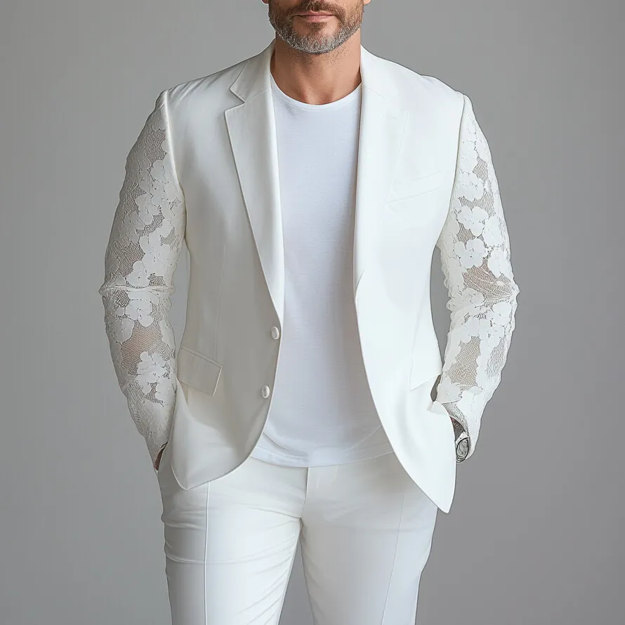 Men's See-Through Lace Long Sleeve Notch Lapel Two Button Blazer