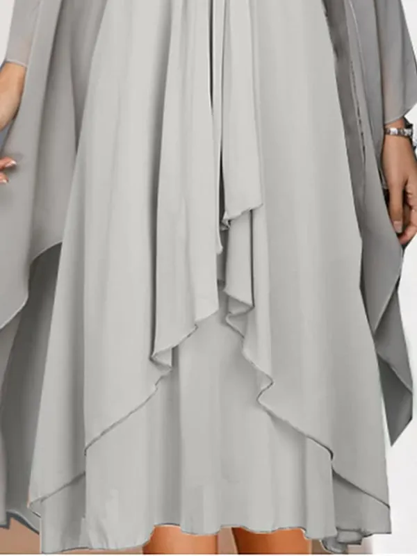Women's Two Piece Dress Set Party Dress Dress Set Party Outdoor Fashion Elegant Patchwork Layered Midi Dress V Neck Long Sleeve Plain Regular Fit Gray Summer Spring S M L XL XXL
