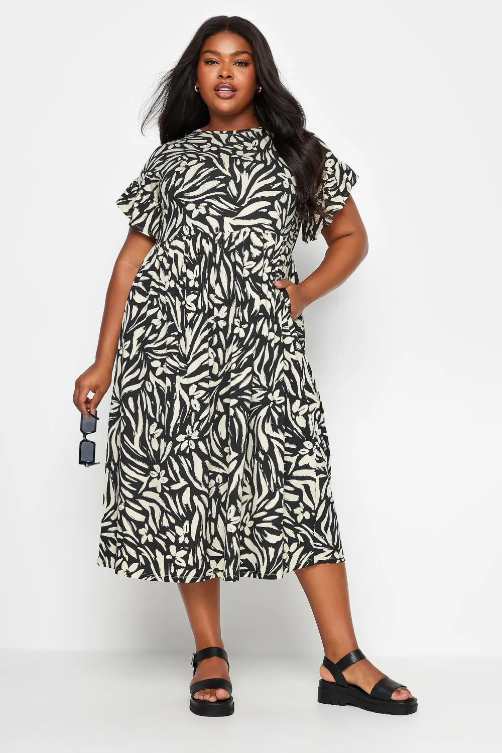 YOURS Curve Black Pure Cotton Frill Sleeve Midaxi Dress