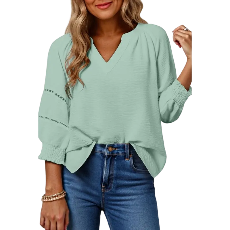 Women's Casual V-Neck Hollow-Out Blouse (3/4 Sleeve, Soft Breathable)