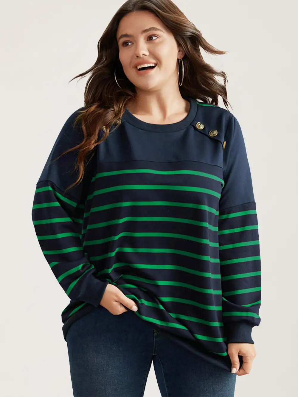 Striped Patchwork Button Detail Sweatshirt