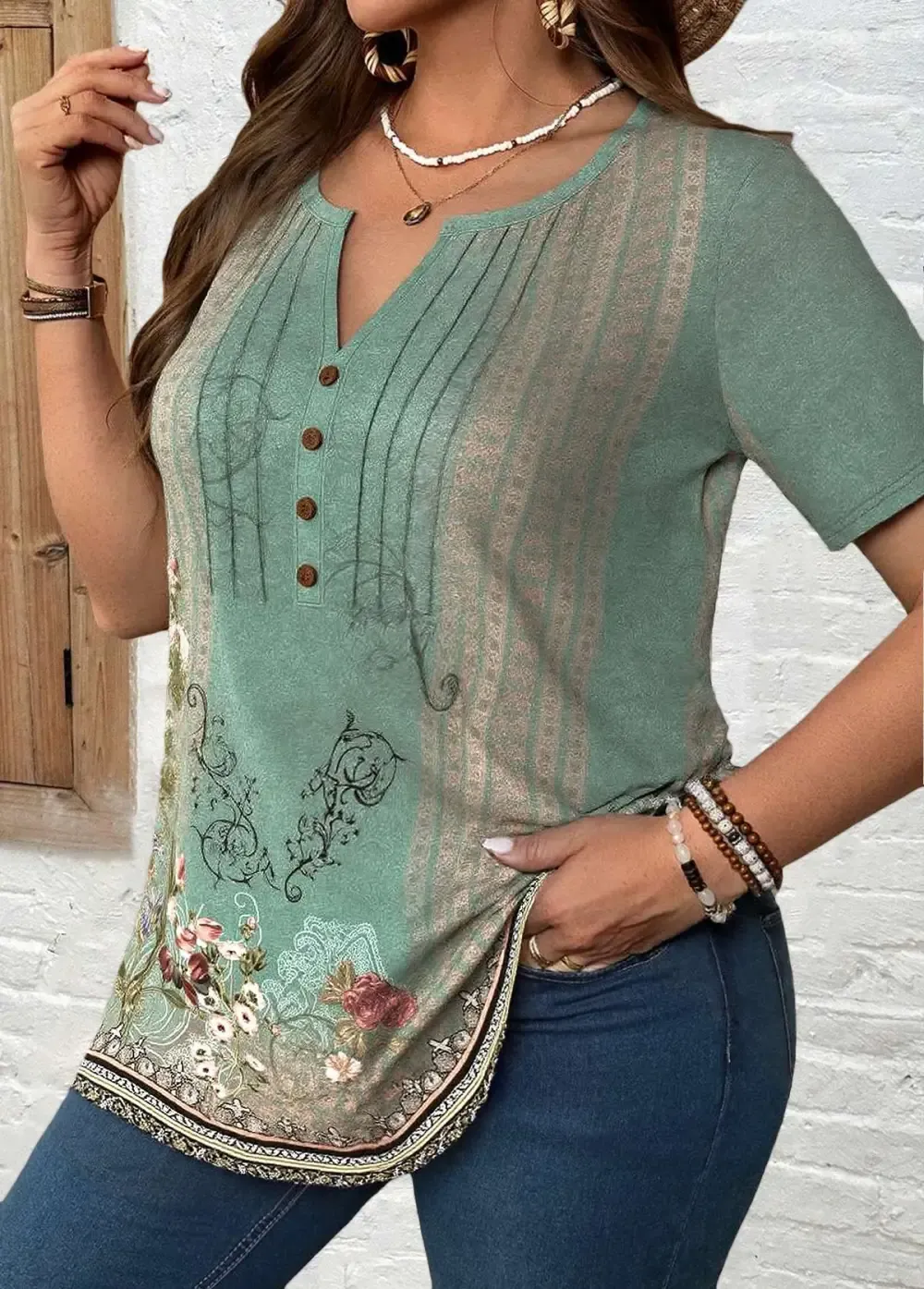 Sage Green Tuck Stitch Random Floral Print T Shirt