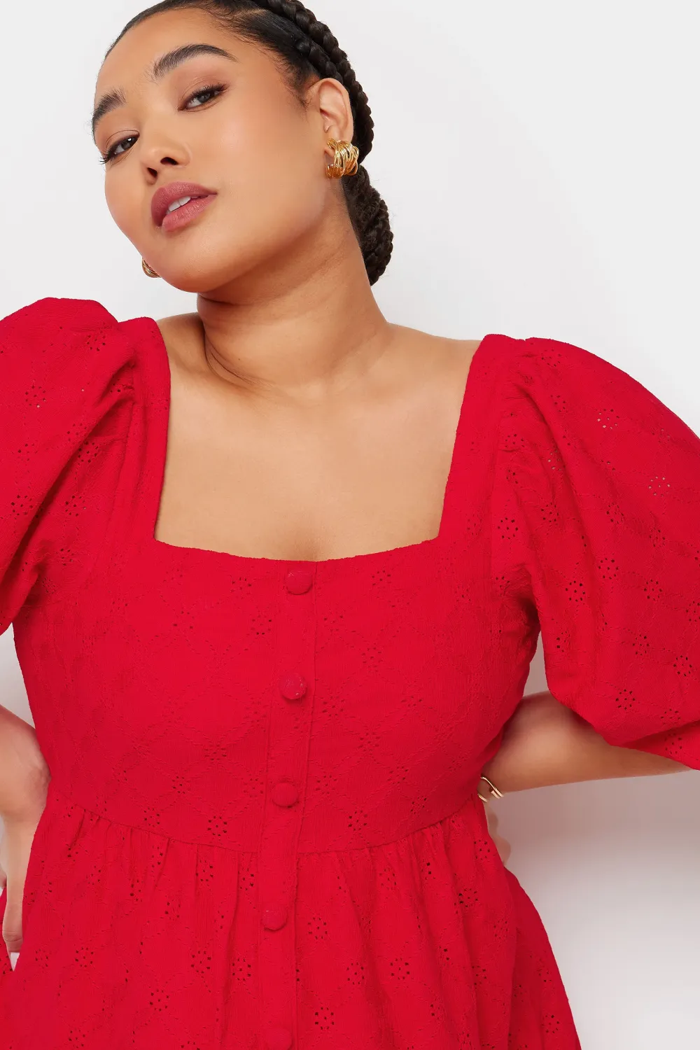 YOURS Curve Red Broderie Anglaise Button Front Dress
